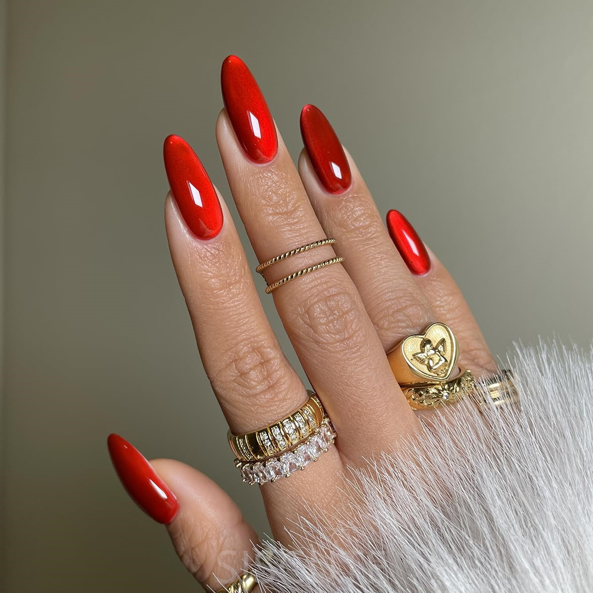 siscute press on nails ruby red cat eyes nails in long almond