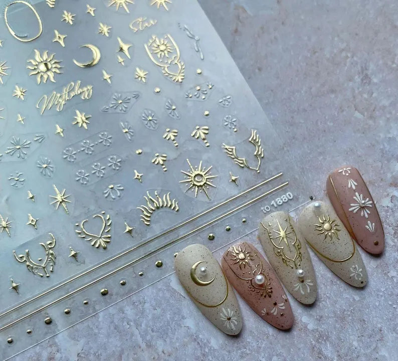 Yassme|Gilding Crescent Moon Sun Star Nail sticker/ Gold Silver 3D embossed Spiritual Nails Art Stickers