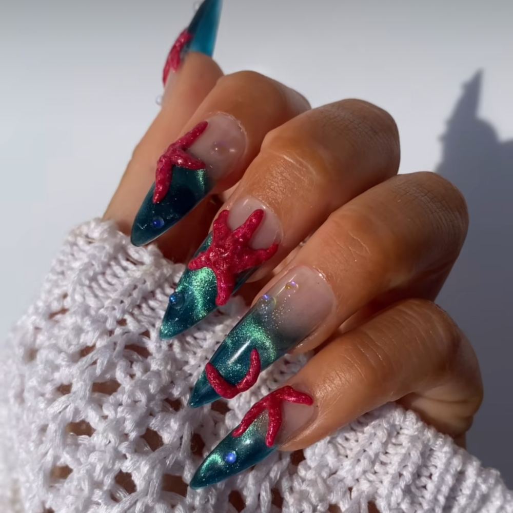 Ocean Depths/Handmade Press On Nails/Long Stiletto Blue Custom Style/Long-Lasting Durability/Reusable