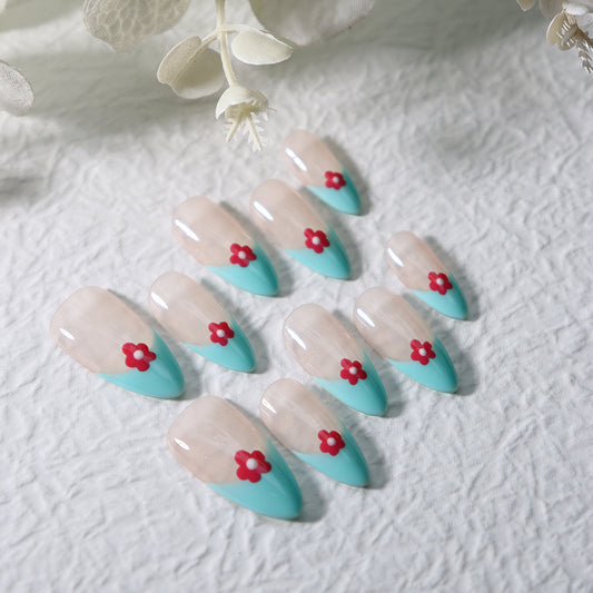 Medium Almond French Blue Tip Press On Nails with Red Flower Accents