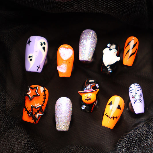 Medium Almond Halloween Press On Nails with Ghostly Designs