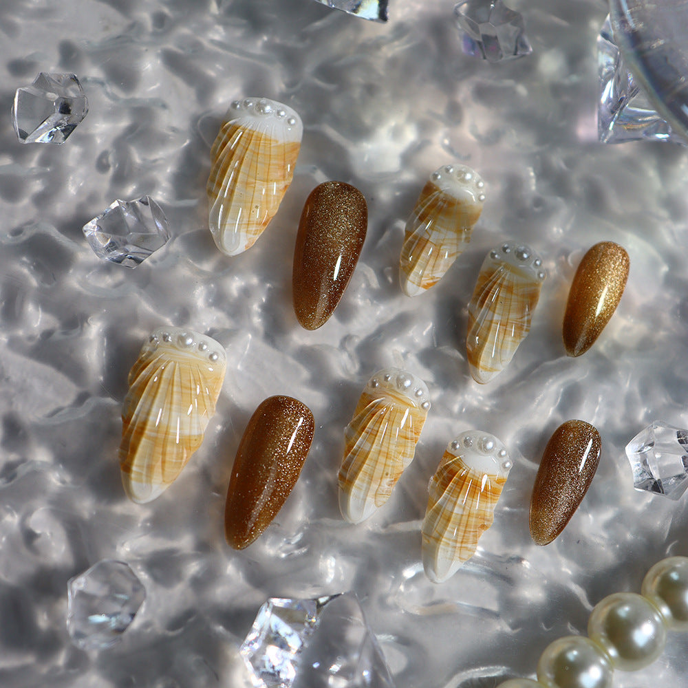 Medium Almond Yellow Beach-Themed Press On Nails with 3D Seashell Accents