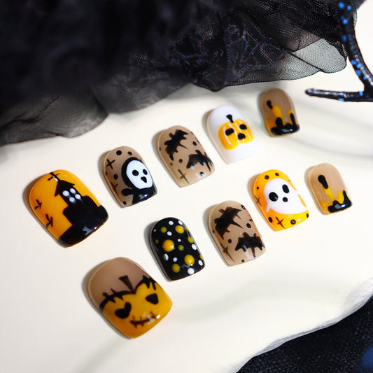 Elegant Short Square Halloween Press On Nails with Spooky Patterns