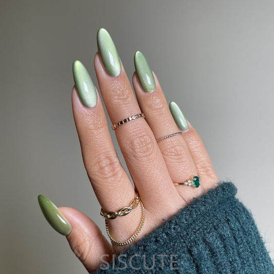 siscute press on nails green cat eyes in long almond 